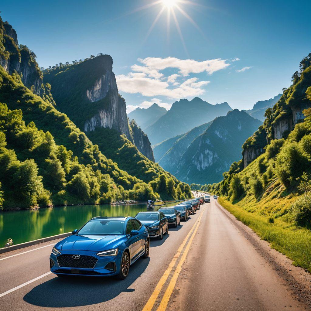 A scenic highway stretching into the horizon, flanked by lush green mountains under a clear blue sky. An array of rental cars parked along the roadside, showcasing a diverse selection of vehicles for all types of travelers. A cheerful group of people planning their journey with a map and a smartphone, embodying the spirit of adventure. The atmosphere is inviting and adventurous, suggesting freedom and exploration. vibrant colors. ultra-realistic.