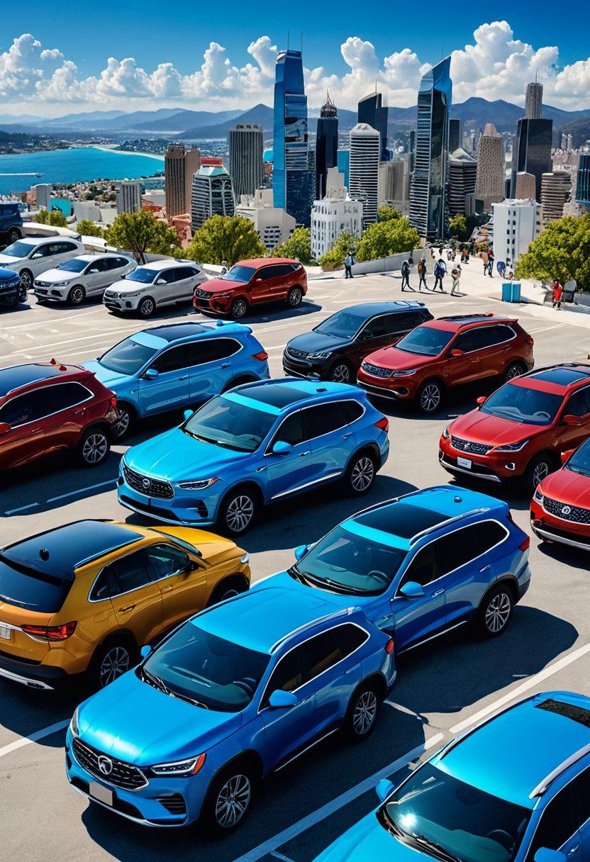 A visually engaging landscape showcasing a variety of rental cars parked in a scenic city backdrop, including luxury vehicles, SUVs, and compact cars. In the foreground, a friendly, diverse group of people is discussing and pointing at a map, representing the decision-making process of car rental. Include a clear day and a bright sky with subtle clouds to symbolize clarity and options. super-realistic. vibrant colors. modern style.