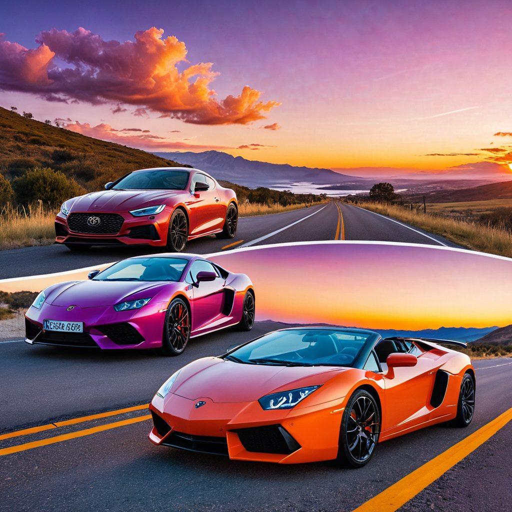 A split image showcasing both an affordable, compact car and a luxurious sports car, parked side by side on a scenic road. In the background, a beautiful sunset with vibrant hues illuminates the sky, emphasizing the journey aspect. Include road signs with directions to popular destinations, suggesting exploration. Overlay subtle icons representing savings and luxury, like a piggy bank and a crown. Illustrate in a super-realistic style with vibrant colors.